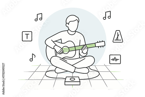 Musician sitting cross-legged playing acoustic guitar surrounded by digital sound and creative editing symbols