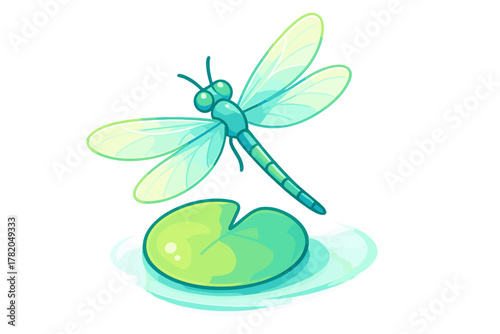 Adorable cartoon dragonfly hovering above a glossy green water lily pad