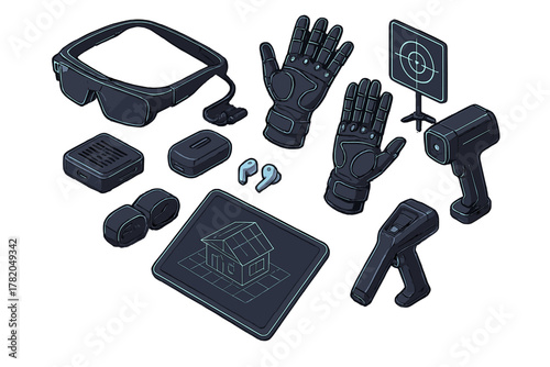 Futuristic augmented reality glasses, tactical gloves, and smart tech equipment