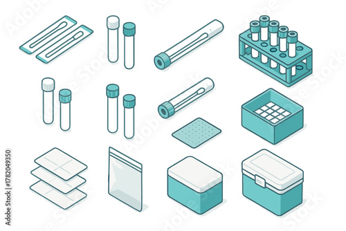 Isometric set of medical supplies for sample collection, transport, and laboratory testing