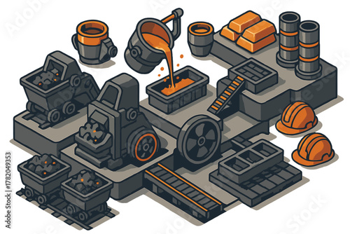 Isometric view of a metal smelting and refining process with coal carts, machinery, and gold bars