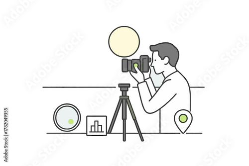 Photographer or videographer capturing content with camera on tripod surrounded by data icons