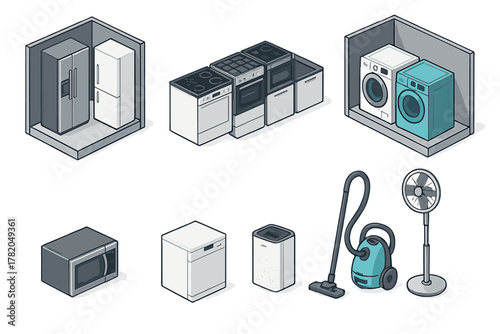 Isometric set of major household appliances for kitchen, laundry, and general home use