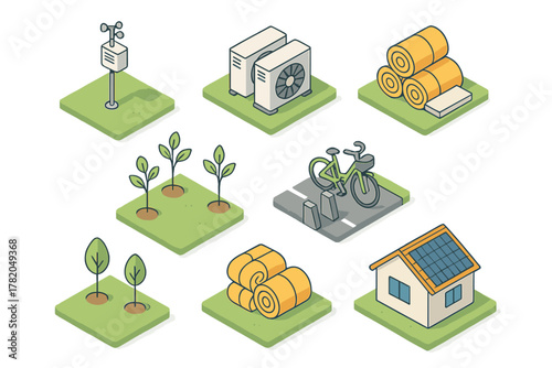 Isometric set of sustainable ecology and green energy elements: solar house, bicycle, plants, weather station