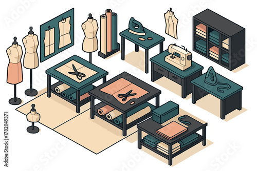 Isometric view of a professional tailoring and sewing workshop with cutting tables, mannequins, and equipment