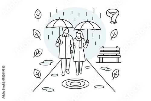 Couple walking under umbrellas in the rain surrounded by autumn leaves and puddles