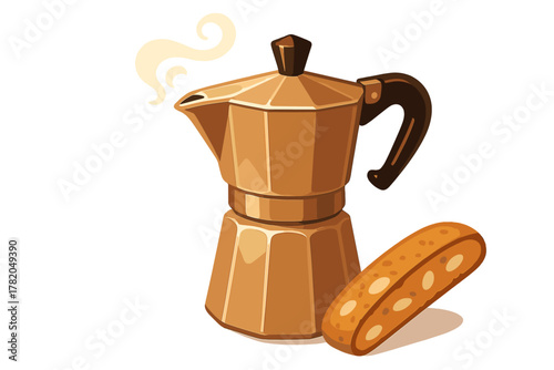 Traditional Italian Moka pot coffee maker steaming next to a crunchy almond biscotti cookie
