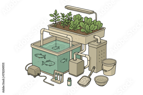 Detailed diagram of home aquaponics system setup with fish tank, grow bed, and plants