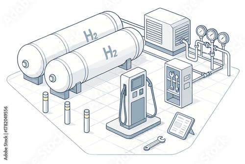 Isometric hydrogen fueling station with storage tanks, dispenser pump, and pressure gauges