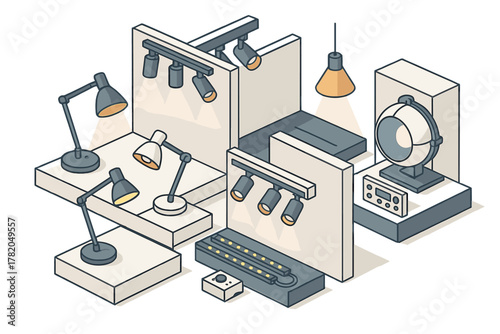 Isometric view of modern lighting showroom featuring desk lamps, track lights, and spotlights