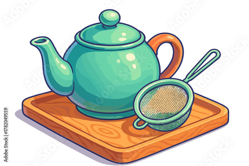 Stylized green teapot and tea strainer on a wooden serving tray for hot beverages
