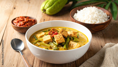 Delicious Thai green curry with tofu, green beans, and rice served in a bowl on a wooden table