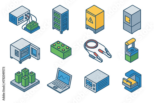 Isometric icons of industrial equipment, electronic devices, battery components, and testing machinery