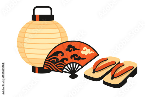 Traditional Japanese paper lantern, folding fan, and wooden Geta sandals cultural objects