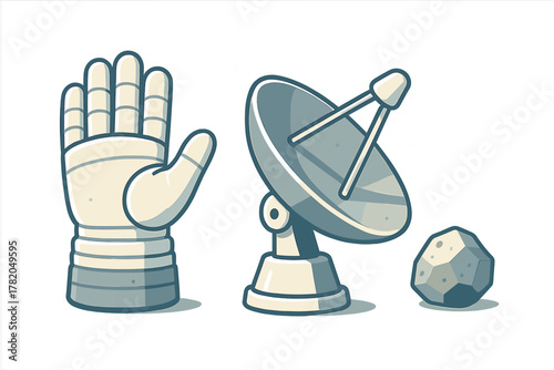 Futuristic robotic hand, satellite antenna, and asteroid rock for space concepts
