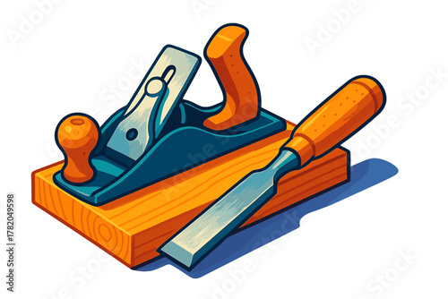 Traditional wood plane and metal chisel used by a carpenter for crafting and construction