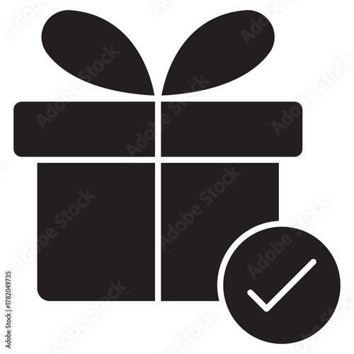 Gift Box with Check Mark Icon, Verified Reward Gift Box, Appreciation Bonus Package, Approved Celebration Gift, Achievement Completion Gift, vector