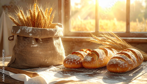 Close-up view of fresh, crusty loaves of bread and wheat stalks bathed in warm, golden sunlight streaming through a window
