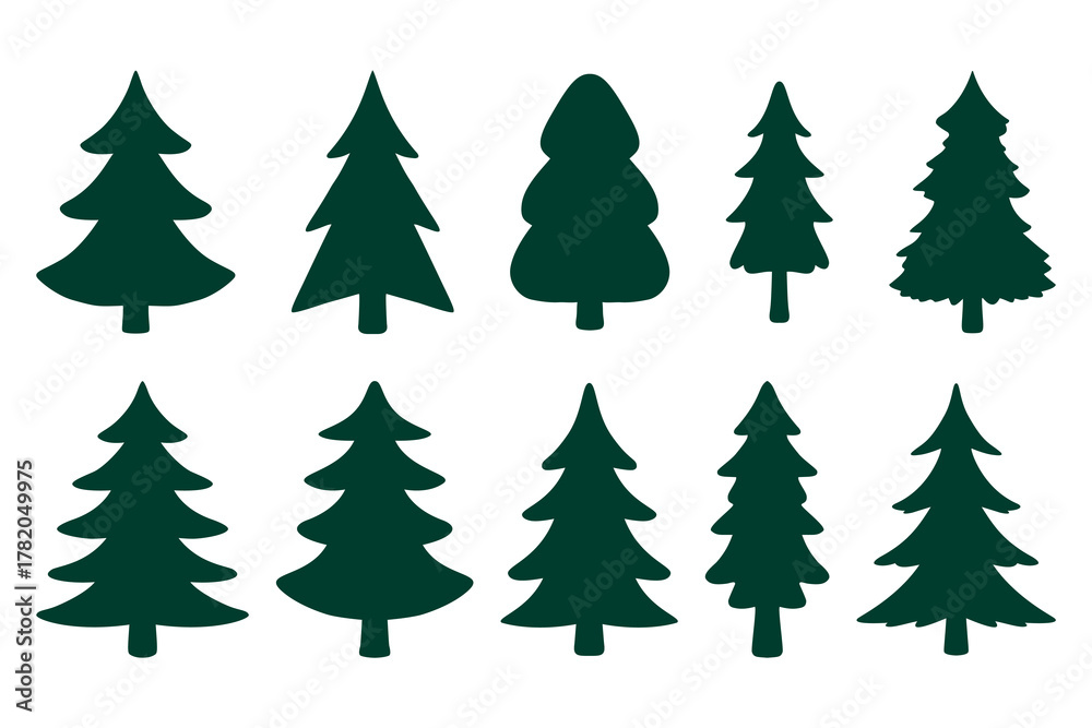 Fototapeta premium Pine tree silhouette collection set of different shapes evergreen trees simple minimal forest conifer design elements for Christmas winter nature decoration isolated vector illustration.