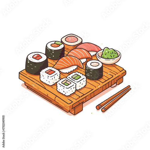 Japanese Sushi Platter with Chopsticks Illustration.