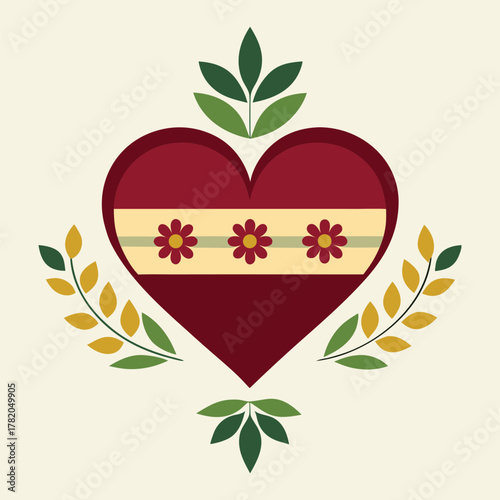 Folk Art Heart with Flowers and Decorative Leaves