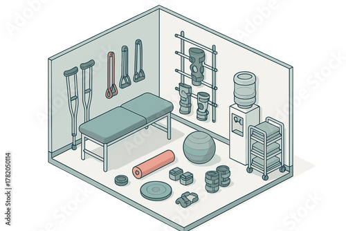 Isometric physical therapy room setup with rehabilitation equipment and exercise tools