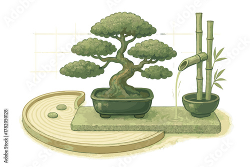 Photography Japanese bonsai tree and bamboo fountain arrangement with a miniature zen rock g