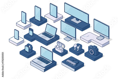 Isometric collection of modern digital devices and consumer electronics gadgets