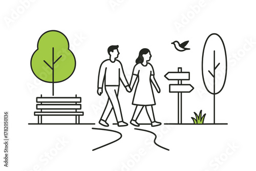 Couple walking hand in hand on a park path near trees and a bench with a directional signpost