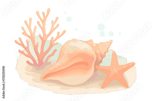 Soft pastel marine life composition featuring a large conch shell, starfish, and branching coral on sandy seabed
