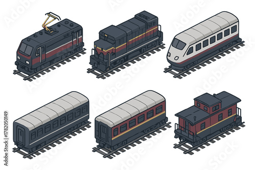 Isometric set of railway vehicles: electric and diesel locomotives, passenger cars, and classic caboose
