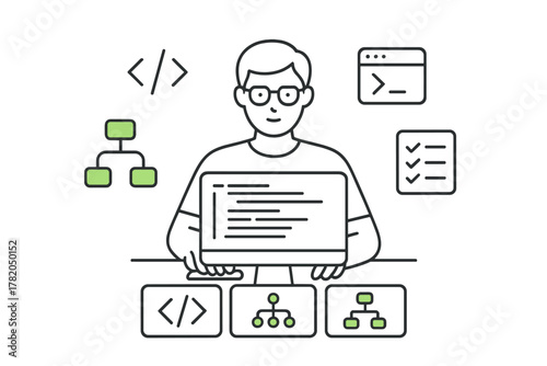 Developer wearing glasses coding on desktop monitor surrounded by structure symbols