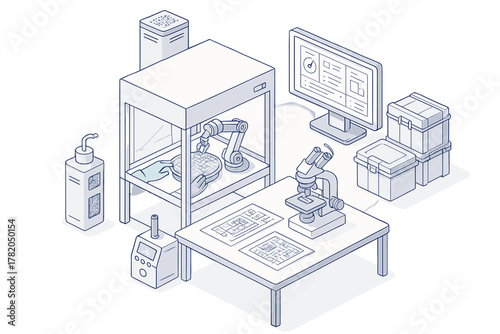 Modern scientific laboratory workspace with robotic arm handling samples and microscopic analysis equipment