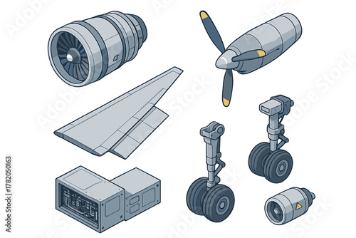 Isometric collection of various airplane components including jet engine, propeller, wing, and landing gear assembly