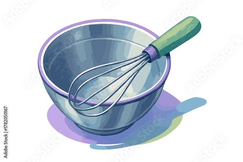Shiny stainless steel mixing bowl and colorful wire whisk for cooking and baking