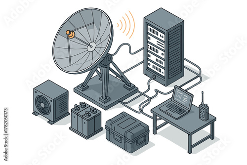 Portable remote communication system setup with satellite dish server rack and laptop