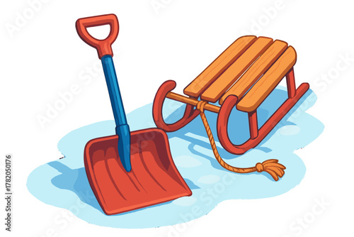 Red plastic snow shovel and traditional wooden sled with rope resting on white snow