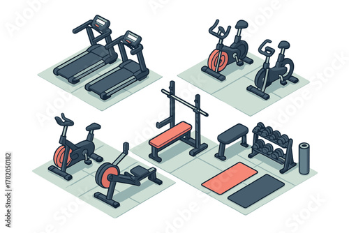 Isometric set of gym equipment including treadmills exercise bikes weights and mats