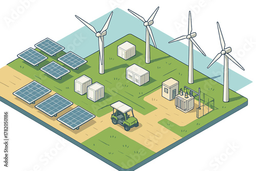 Renewable energy power station with solar panels, wind turbines, and electrical transformer equipment
