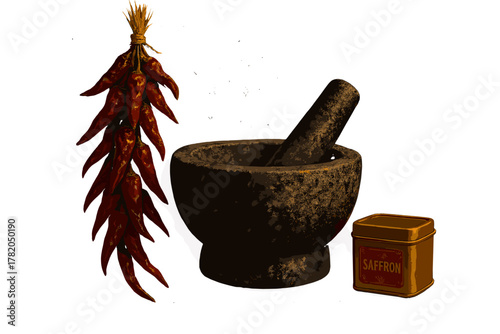 Traditional cooking setup featuring dried red chili peppers, a stone mortar and pestle, and a tin of saffron spice