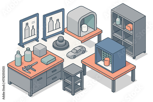 Industrial design and engineering workspace showing prototypes, measuring instruments, and testing booths