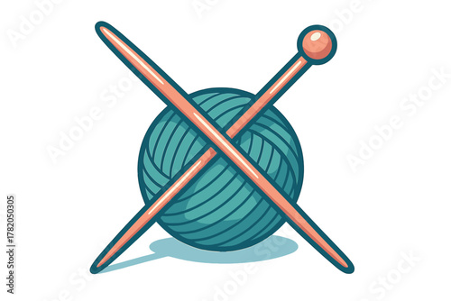 Crossed knitting needles resting on a large teal ball of yarn for crafting projects