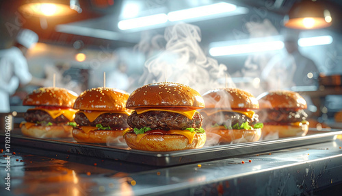 Close-up shot of delicious, steaming cheeseburgers lined up on a metal rack in a professional kitchen, ready to be served