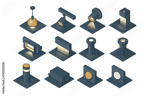 Collection of modern isometric lighting fixtures including spotlights pendant lamps and recessed lights