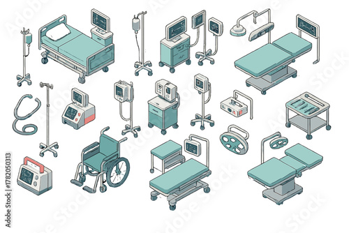 Isometric hospital and surgical equipment set including patient beds, monitors, and operating tables