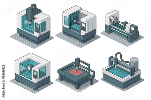 Modern computer numerical control machines used for industrial manufacturing and production