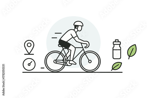 Cyclist riding a bicycle surrounded by icons representing location speed hydration and nature