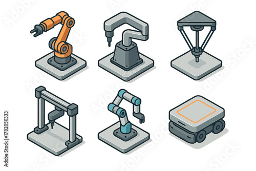 Isometric icons set of industrial robotic arms, automation machinery, and manufacturing technology equipment