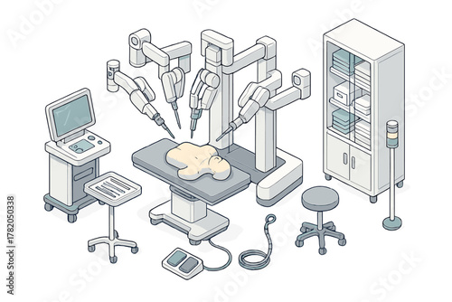 Advanced robotic surgical system performing surgery on a patient dummy in an operating room