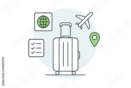 International travel planning essentials checklist with luggage, airplane, global map, and destination pin